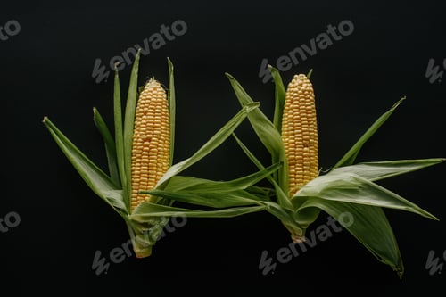 Preview: flat lay with arranged raw fresh corn cobs isolated on black