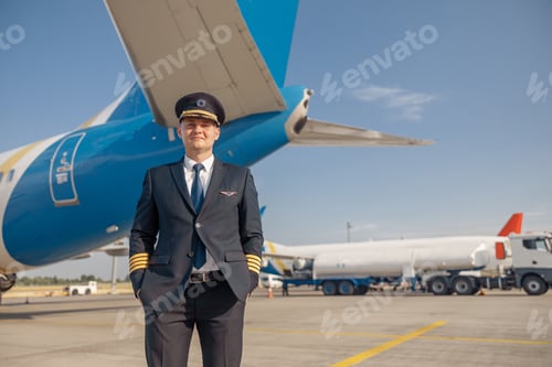 Preview: Professional pilot in uniform looking at camera, standing in front of big passenger airplane ready
