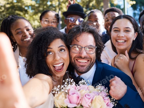 Preview: Friends, bride and groom with wedding selfie for outdoor ceremony celebration of happiness, love an