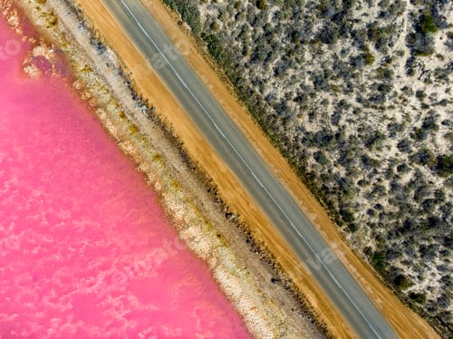 Preview: Beautiful aerial shot of an asphalt road that goes in between a pink salt lake and a forest