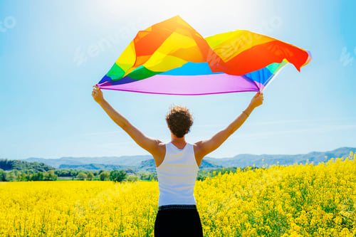 Preview: Young man holding rainbow flag in yellow rapeseed field
