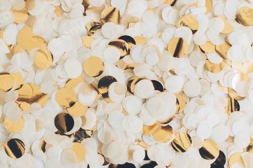 Preview: Golden confetti background flat lay. Party celebration concept. Gold circle and paper confetti