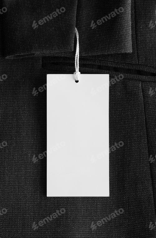 Preview: White tag mockup on a black suit.
