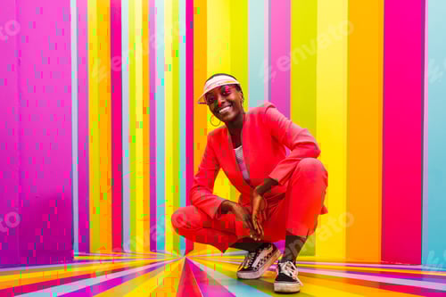 Preview: Beautiful young woman dancing and having fun inside a rainbow box room