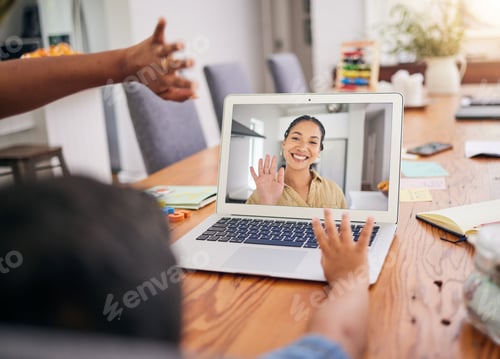 Preview: Wave, video call and child with woman teacher at home with education, learning and teaching. Live s