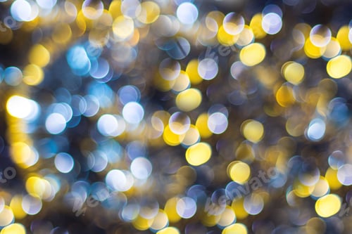 Preview: Blue Yellow White bokeh. Christmas background texture
