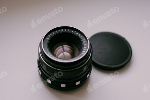 Preview: Pentacon lenses. Analog cameras. Retro. Analog photography. Simple white background.