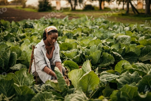 Preview: Young female farmer harvesting cabbage in lush green field