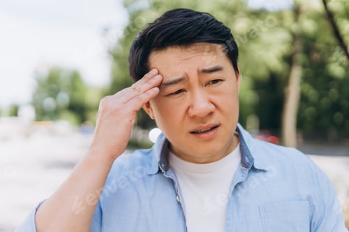 Preview: Asian man suffering from headache touching his forehead outdoors