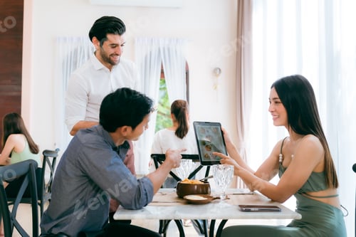 Preview: Engaging Service at the Eatery, Clients Enjoying Conversations while Waitstaff Attend