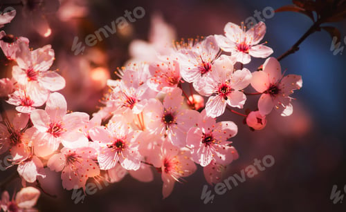 Preview: Lovely tender pring composition with pink cherry blossom flowers, natural banner background