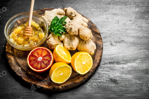 Preview: Fresh ginger with honey and lemons on the Board.