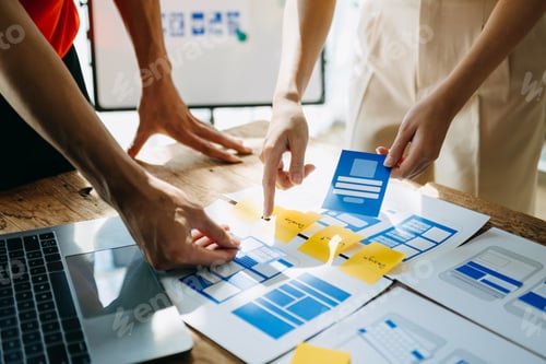 Preview: UX developer and ui designer brainstorming about mobile app interface wireframe design