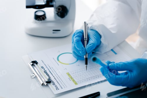 Preview: Hand of doctor or research scientist taking a test tube to check data in laboratory biotechnology sp