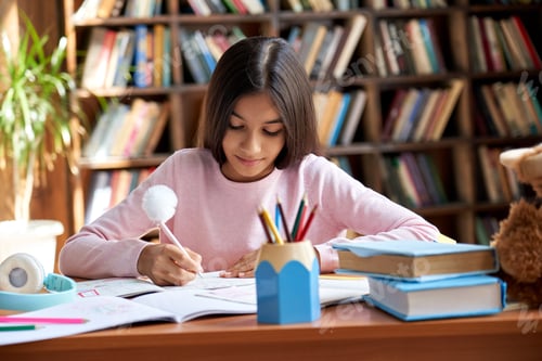 Preview: Cute smart hispanic indian school girl studying at table at home.