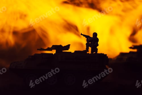 Preview: Battle scene with silhouettes of toy warrior and tanks with fire at background