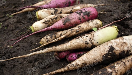 Preview: White and pink radishes lie in the garden. Agriculture. Side view