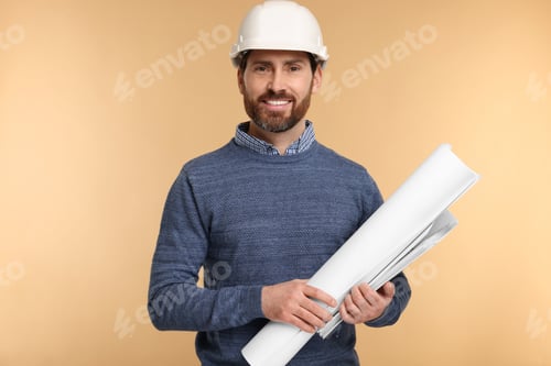 Preview: Architect in hard hat with draft and folder on beige background
