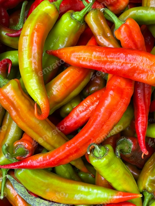 Preview: Close up top view of freshly harvested red and green chili peppers