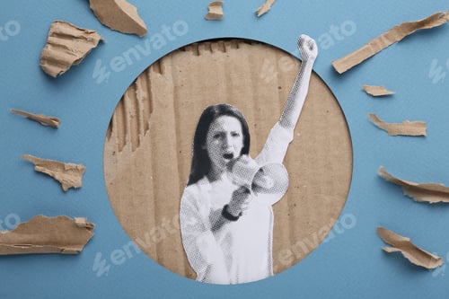 Preview: Half tones of hands raised upwards with closed fists. Feminists fighting. Illustration of a protest