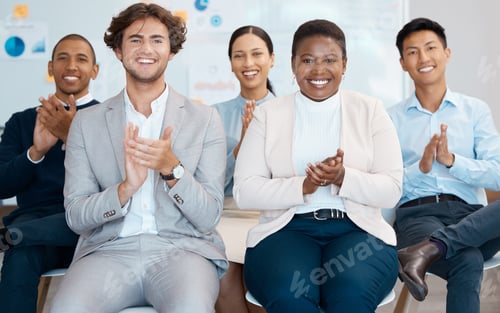 Preview: Applause, achievement and business people or audience in a seminar, workshop meeting for finance, m