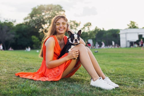 Preview: young happy smiling woman in orange dress having fun playing with dog in park