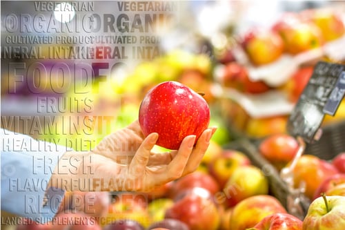 Preview: Female Hand Choosing Roman Apples In Supermarket. Concept Of Healthy Food, Bio, Vegetarian, Diet.