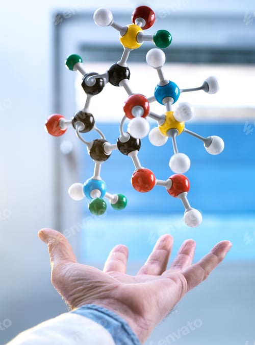 Preview: Hand and a floating molecular model, gravity