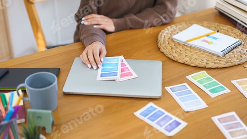 Preview: Fashion design concept, Fashion designer drawing and choosing color for new collection of clothes