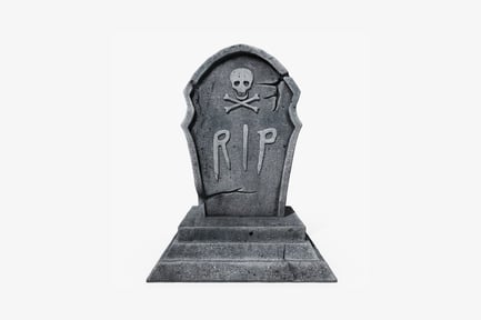 Preview: Tombstone with skull, crossbones, and scissors motif