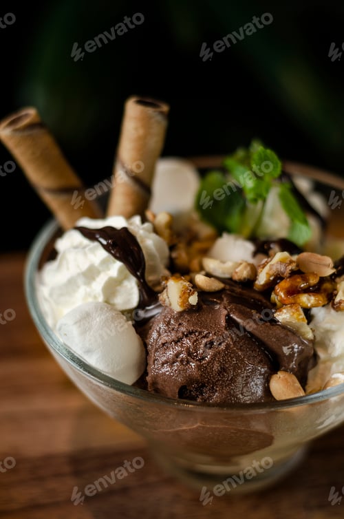Preview: chocolate and mint vanilla ice cream sundae dessert in bowl