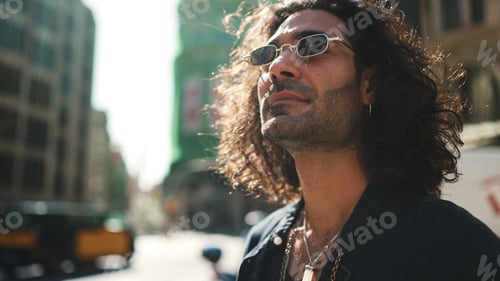 Preview: Young italian guy with long curly hair and stubble walks along the fenced sidewalk and looks around.