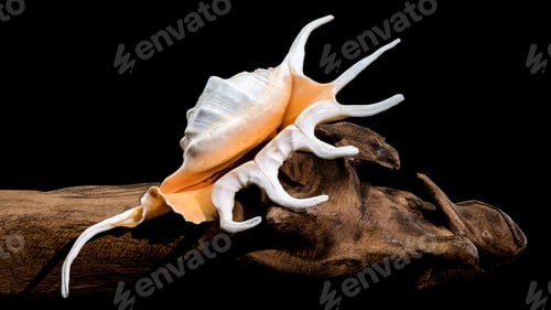 Preview: Lambis Spider Conch on driftwood Black Background