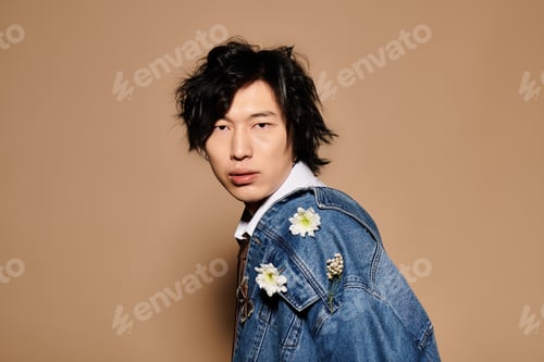 Preview: Spring elegance exhibited by a stylish Asian man in a modern studio environment