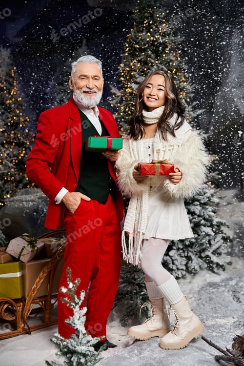 Preview: Joyful Christmas celebration with a friendly Santa and a cheerful companion in a festive setting