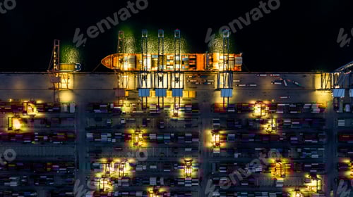 Preview: Aerial view container cargo ship industrial port working at night, Container cargo ship