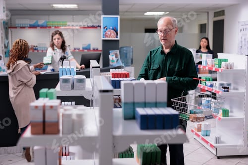 Preview: Elderly man looking at shelves full with pharmaceutical product