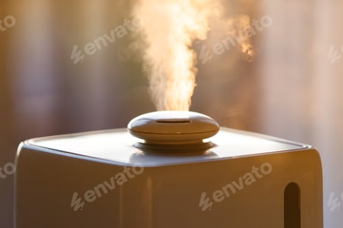 Preview: Close up of aroma oil diffuser at home, steam from air humidifier