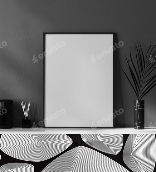 Preview: mock up blank poster frame in black and white modern interior with stylish decoration