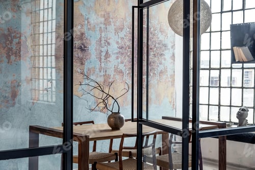 Preview: Stylish composition of modern dining room interior design with wooden table.