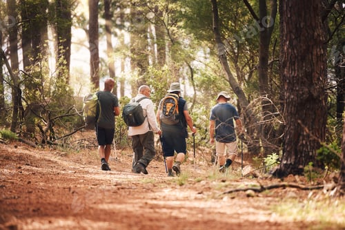 Preview: Hiking, fitness and group of friends on mountain for adventure, freedom and healthy lifestyle on fo