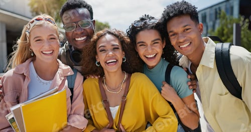 Preview: Happy, university and laughing portrait with friends and class diversity on college campus with smi