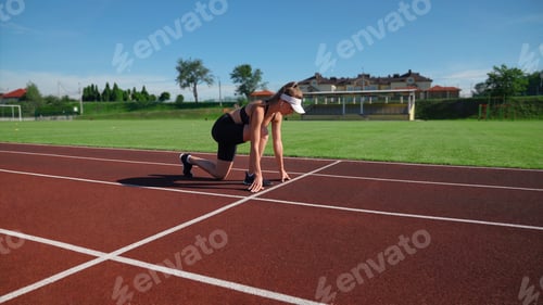 Preview: Woman practicing sprinter position at stadium