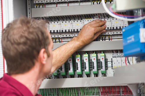 Preview: Germany, Munich, Technician checking switch button of circuit board