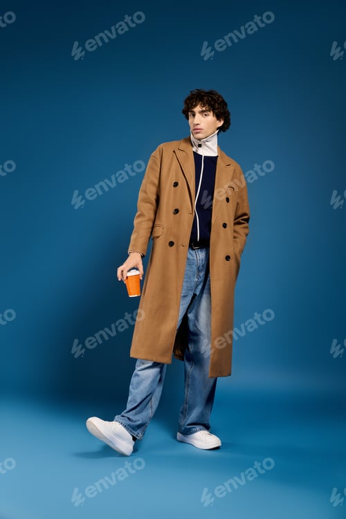 Preview: Stylish young man showcasing modern fashion against a vivid blue backdrop
