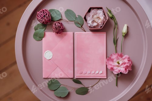 Preview: wedding invitation in a gray envelope on a table with green sprigs