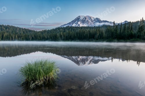 Preview: Reflection of Mount Rainier in Reflection Lake in Mount Rainier national park at dawn.