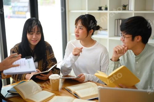 Preview: Group of college students sitting around a table in library and discussing research
