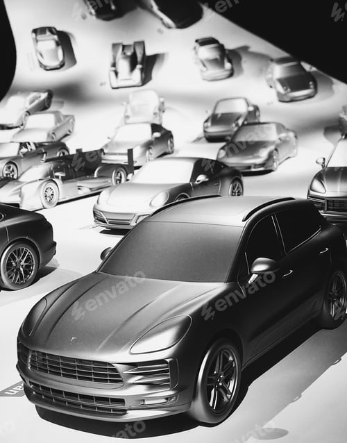 Preview: Tiny car models of the brand Porsche driving down a white road
