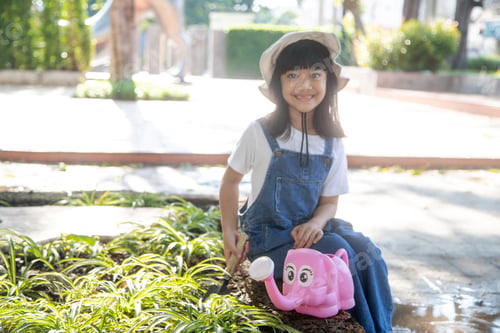 Preview: Asian little child girl pouring water on the trees. kid helps to care for the plants
